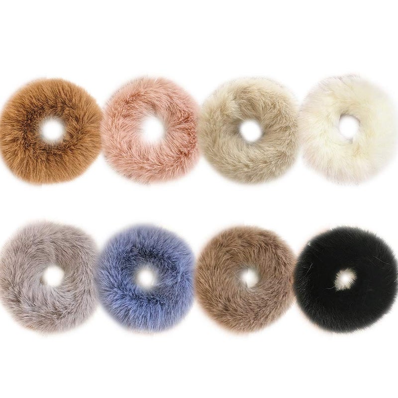 DINPREY 8 Pack Teddy Faux Fur Hair Scrunchies, Rabbit Fluffy Maomao Hair Bands for Women Girl kid's (8 PCS, Artificial Rabbit Fur) - Image 1